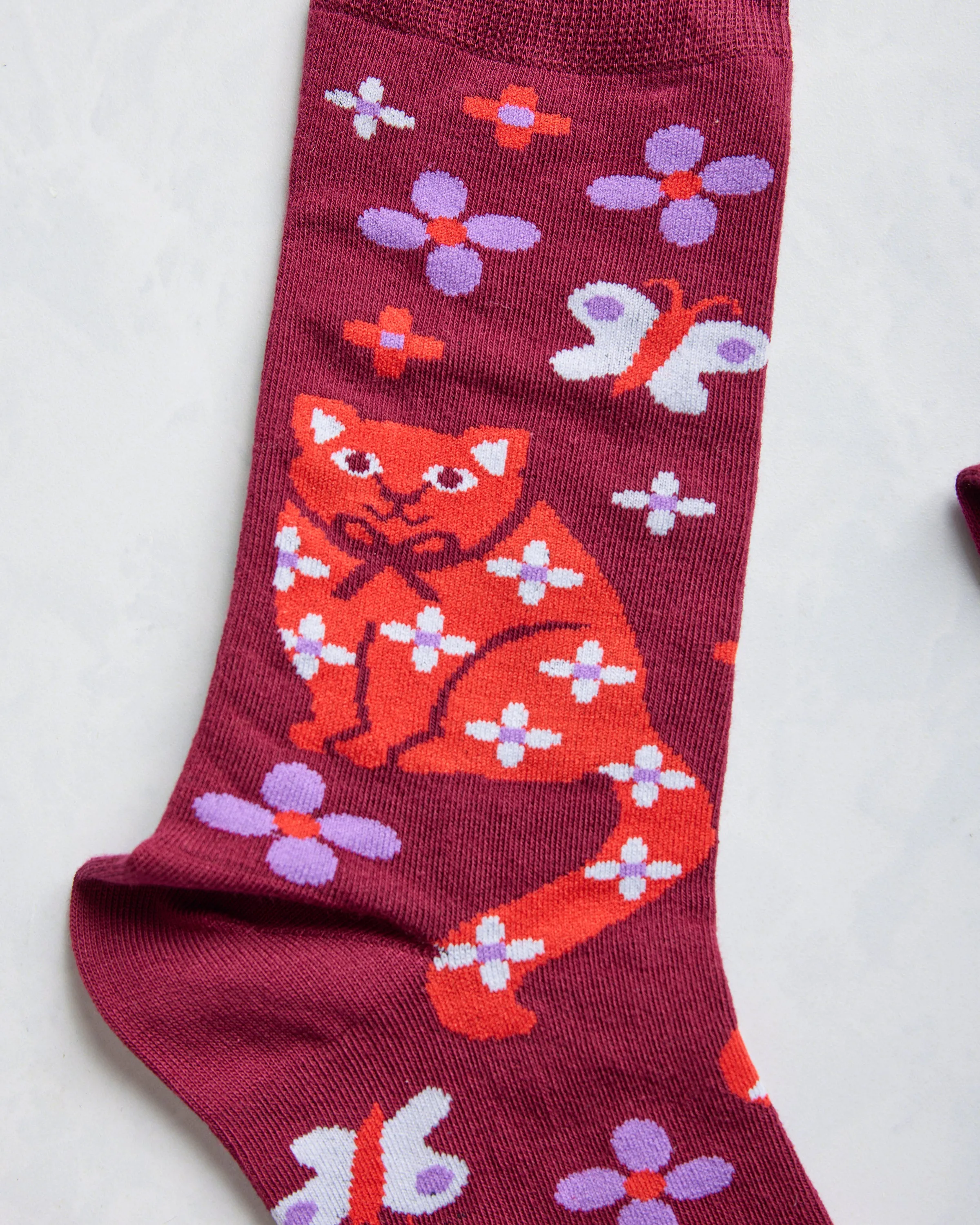 Maroon Combo - Floral Cat Crew Socks sold by Printfresh product image thumbnail 2