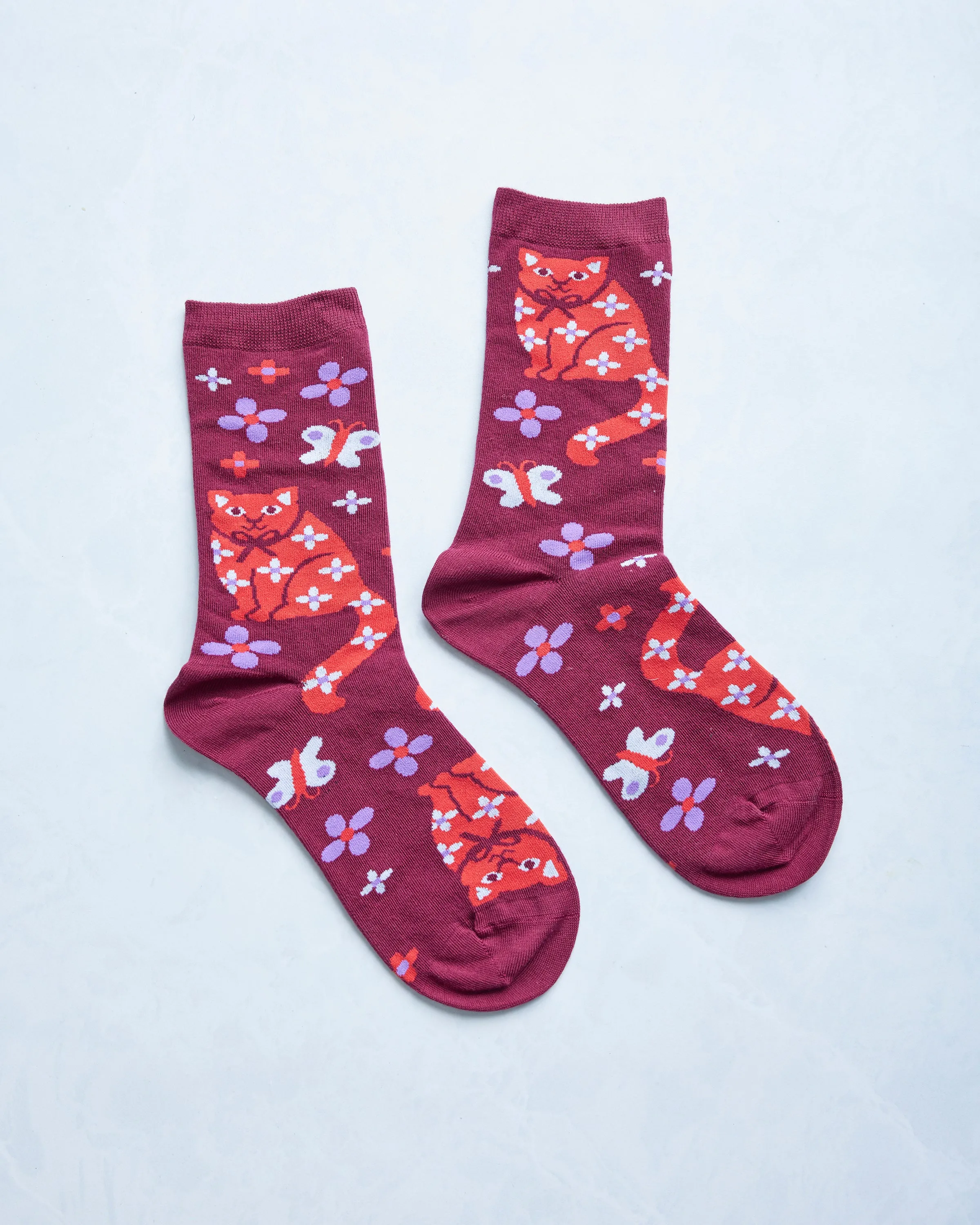 Maroon Combo - Floral Cat Crew Socks sold by Printfresh