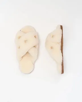 Beige - Sheepskin Slippers with Rhinestones - Limlim sold by Printfresh