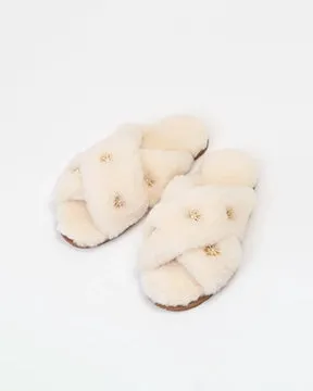 Beige - Sheepskin Slippers with Rhinestones - Limlim sold by Printfresh product image thumbnail 2