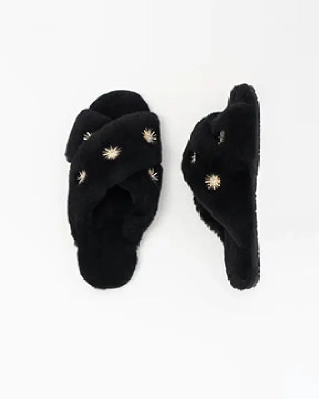 Black Sheepskin Slippers with Rhinestones sold by Printfresh