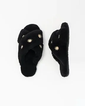 Black Sheepskin Slippers with Rhinestones sold by Printfresh