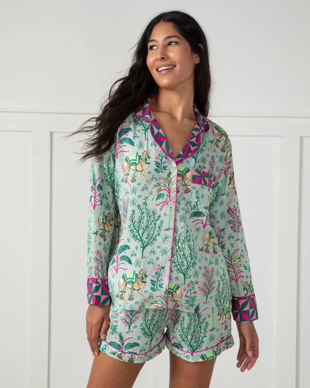 Camel's Courtyard - Eco Satin Long Sleeve Top and Shorts Set - Avocado sold by Printfresh