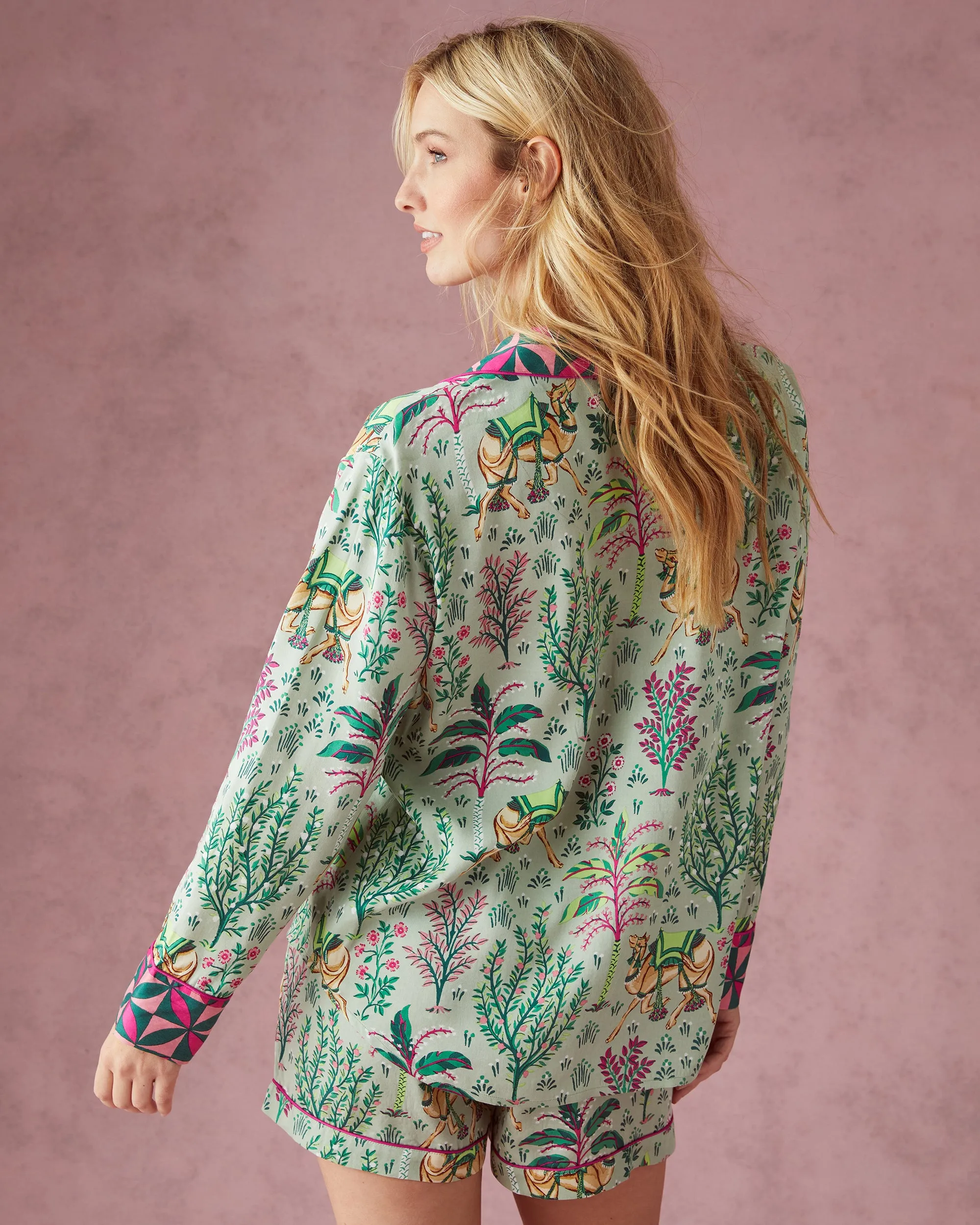 Camel's Courtyard - Eco Satin Long Sleeve Top and Shorts Set - Avocado sold by Printfresh product image thumbnail 5