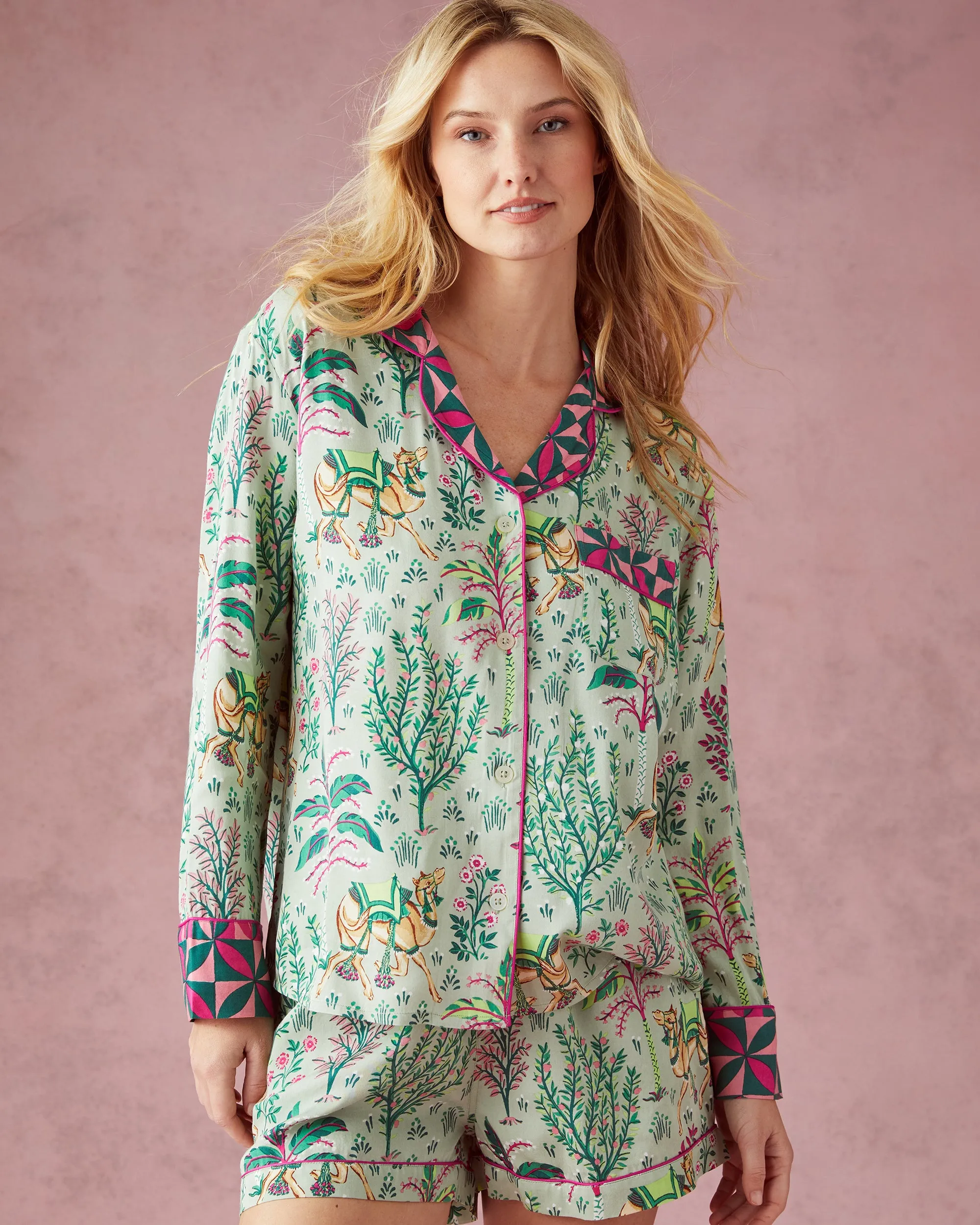 Camel's Courtyard - Eco Satin Long Sleeve Top and Shorts Set - Avocado sold by Printfresh product image thumbnail 2