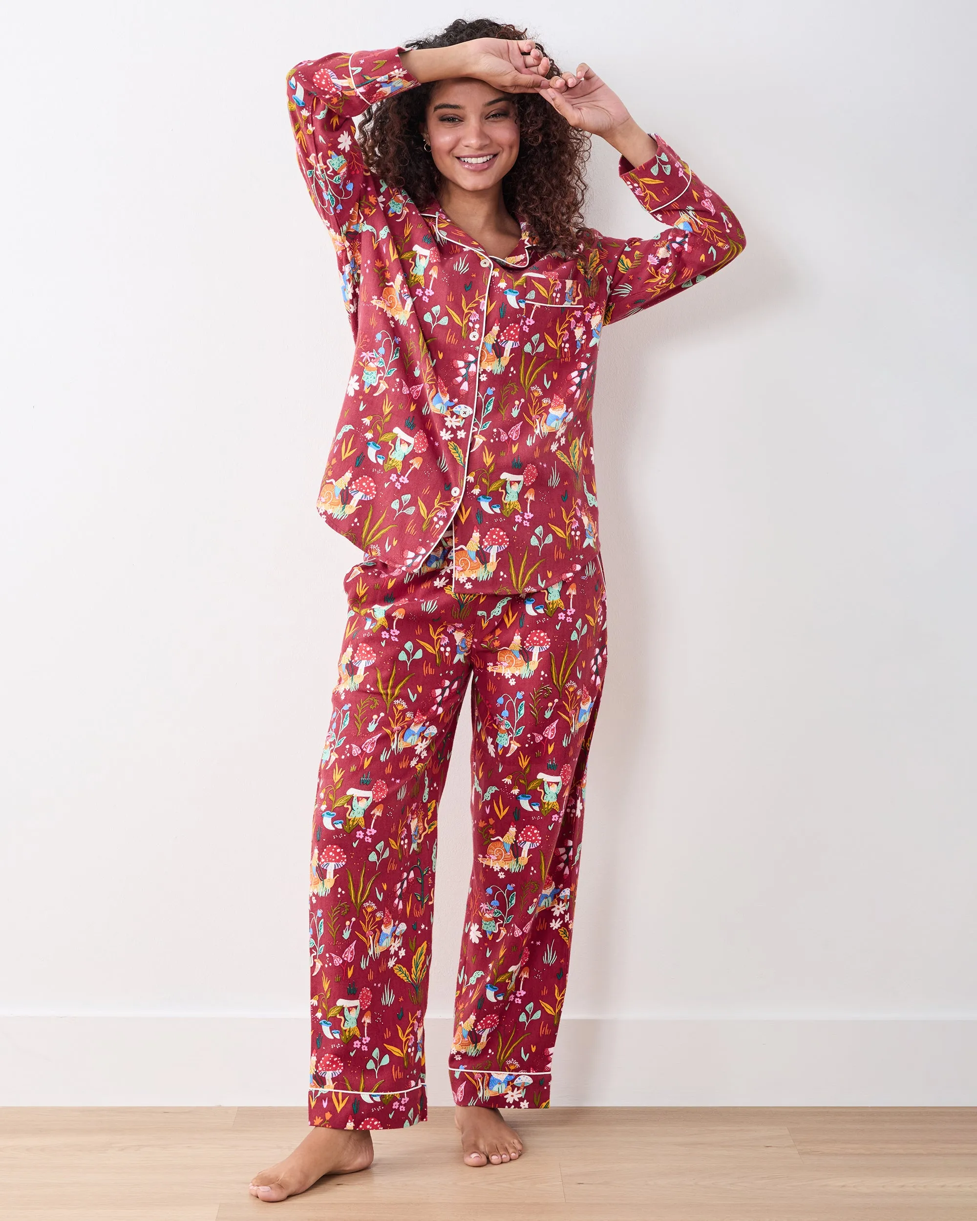 Gnome Garden - Midweight Flannel Long PJ Set - Garnet sold by Printfresh