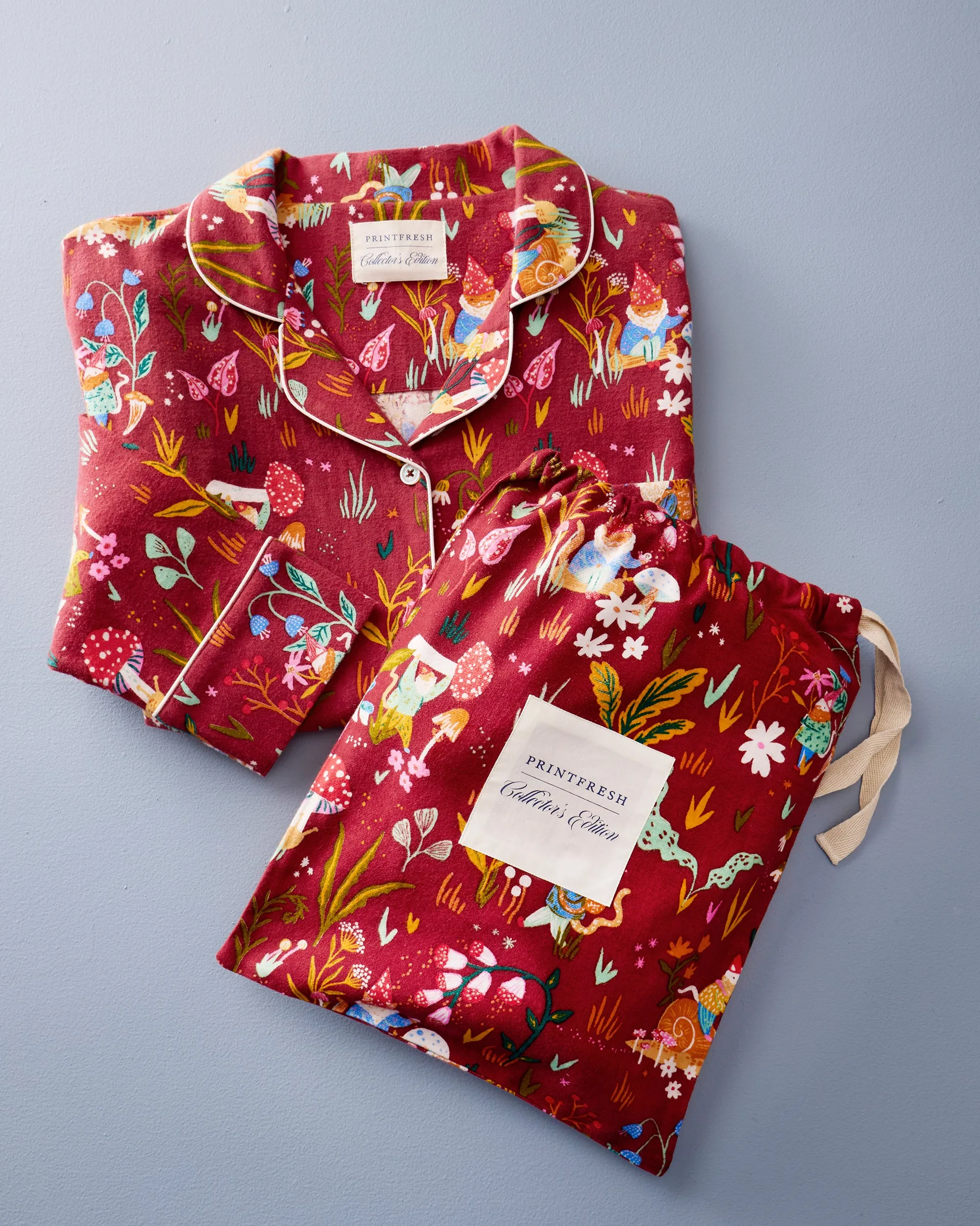Gnome Garden - Midweight Flannel Long PJ Set - Garnet sold by Printfresh product image thumbnail 2