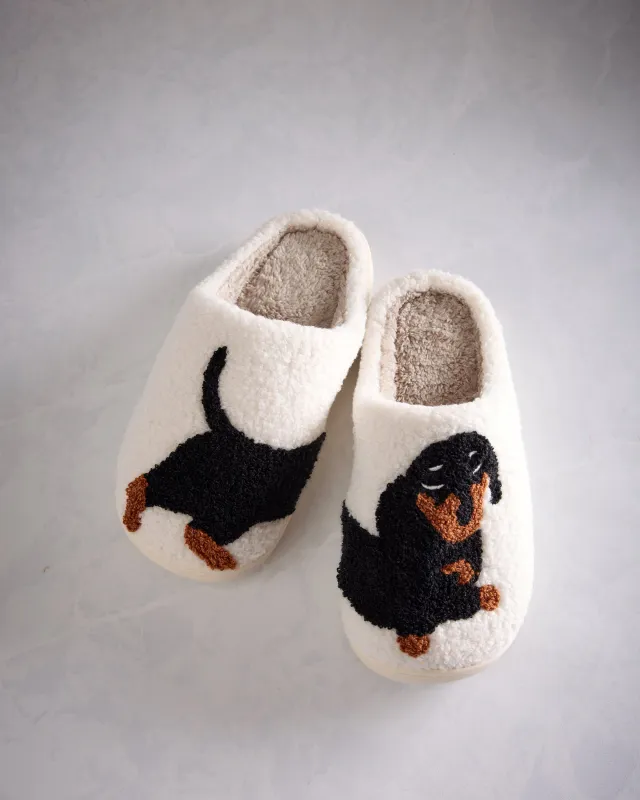 Comely Fashion - Dachshund Pattern Fleece Plush Slippers - Ivory Combo sold by Printfresh