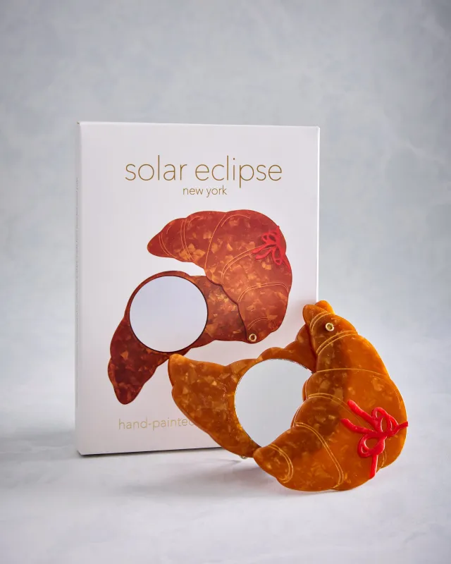 Solar Eclipse - Hand Painted Bow Croissant Compact Mirror - Brown Combo sold by Printfresh