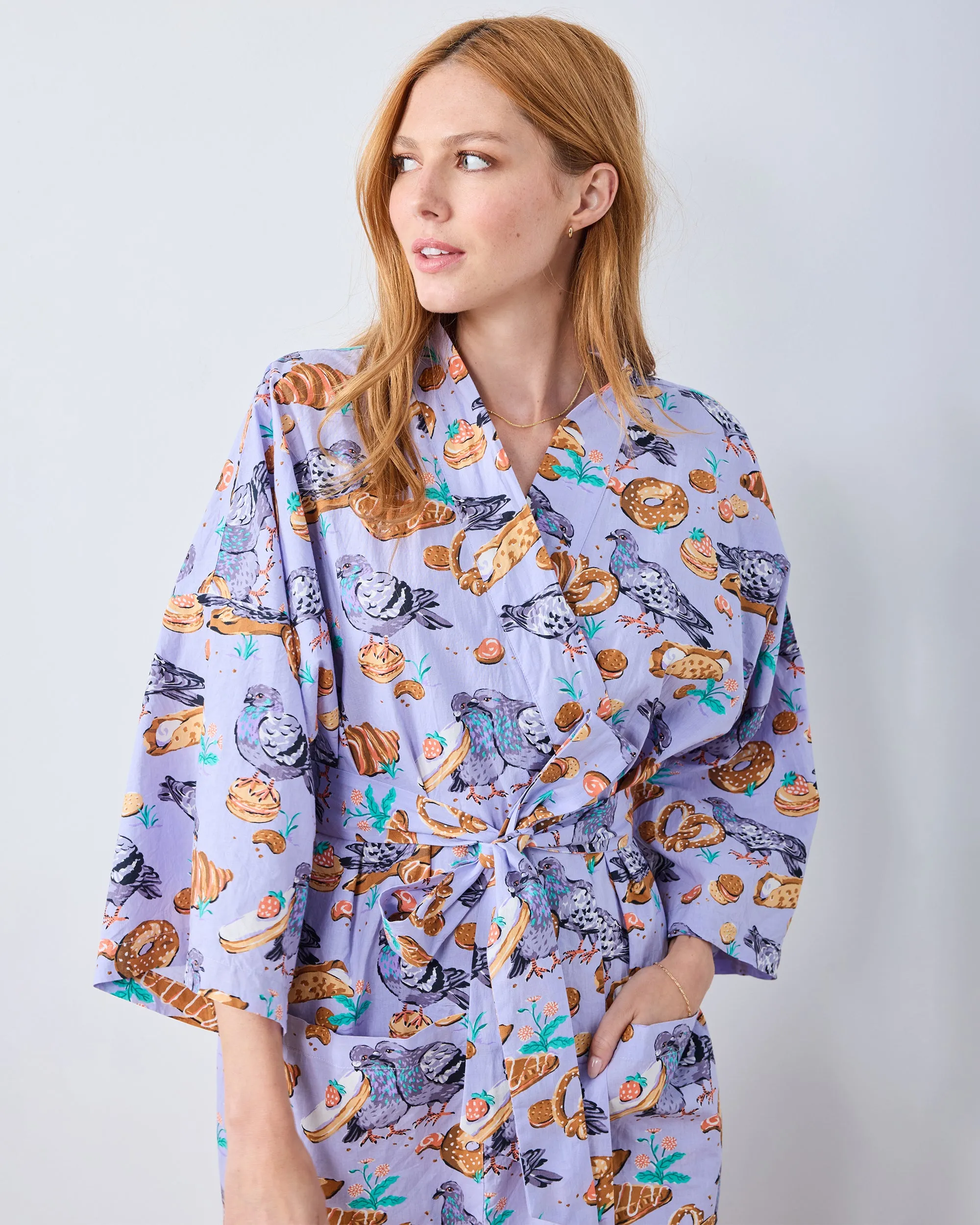 Peckish Pastries - Long Robe - Lavender Lovebird sold by Printfresh
