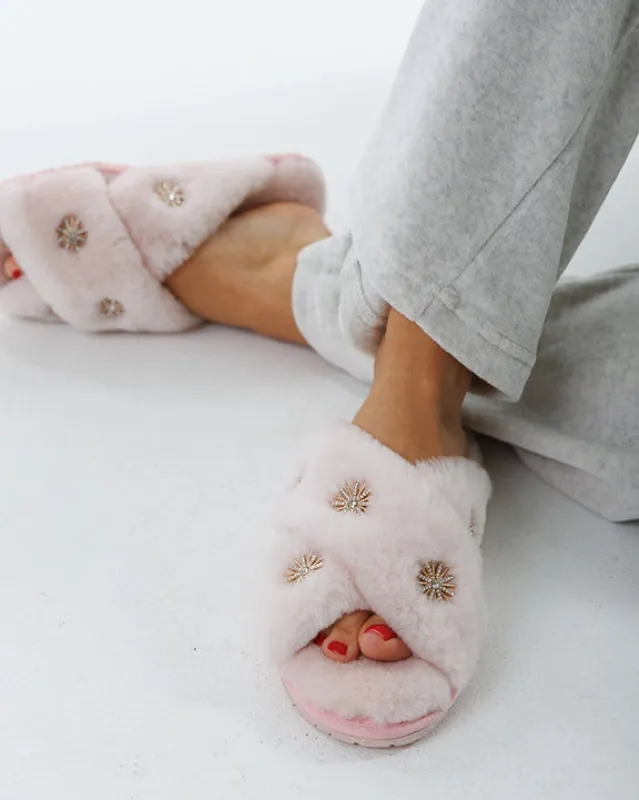 Limlim - Sheepskin Slippers with Rhinestone - Light Pink sold by Printfresh