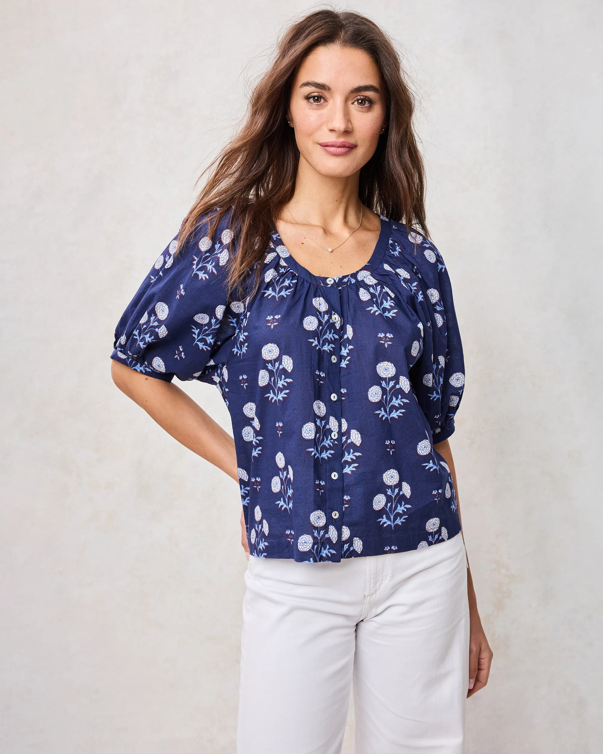 Marigold Bloom - Gilmore Blouse - Midnight Tide sold by Printfresh