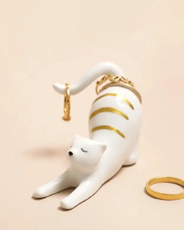 White Combo - Ceramic Stretching Cat Ring Holder - Lisa Angel sold by Printfresh