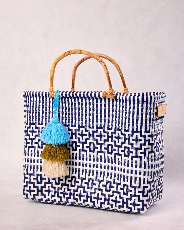 Navy & White - Bamboo Preppy Tile Navy & White Citron Tote - Squeeze de Citron made by Printfresh