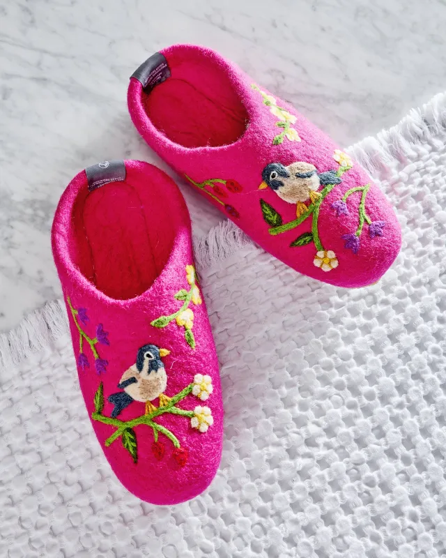 French Knot X PF - Bird & Blossom Slippers - Fuchsia Berry made by Printfresh