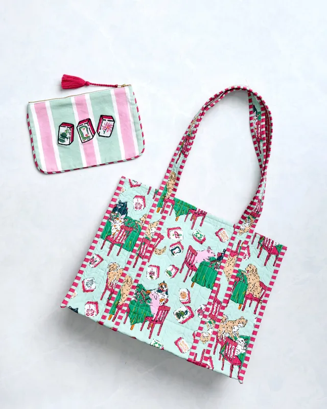 Mah Jongg Menagerie - Petite Traveler Tote & Embroidered Pouch Bundle - Pale Jade made by Printfresh