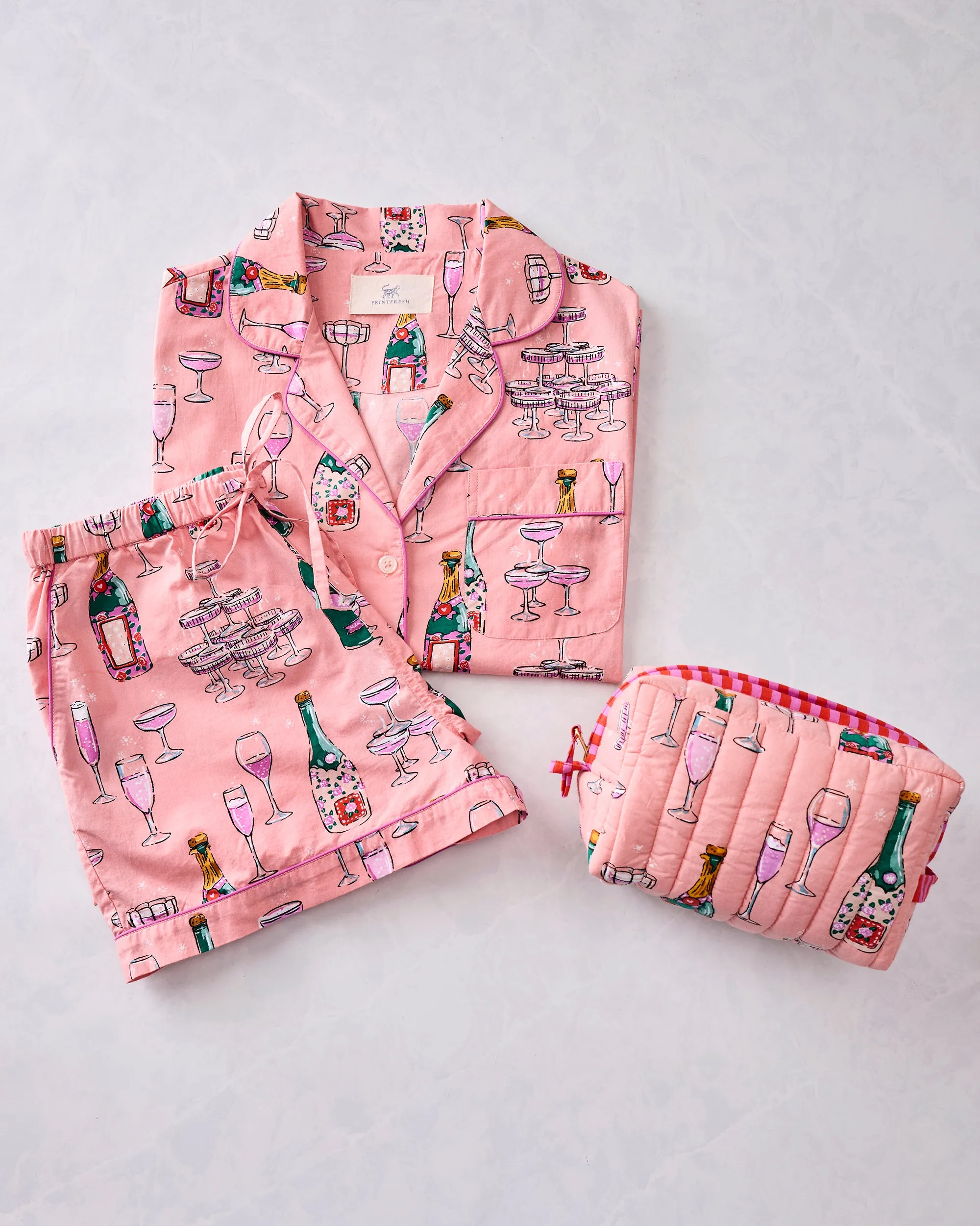 Champagne Tower - Short PJ Set & Quilted Pouch Bundle - Peach Fizz sold by Printfresh