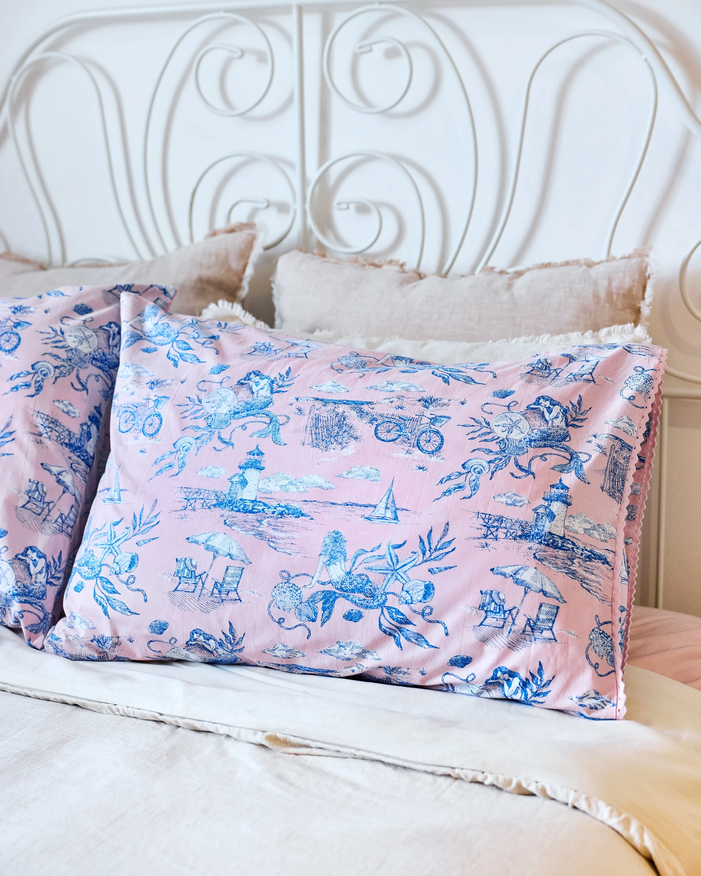 Mermaid Toile - Pillowcase Set of 2 & Eye Mask - Blush sold by Printfresh product image thumbnail 2