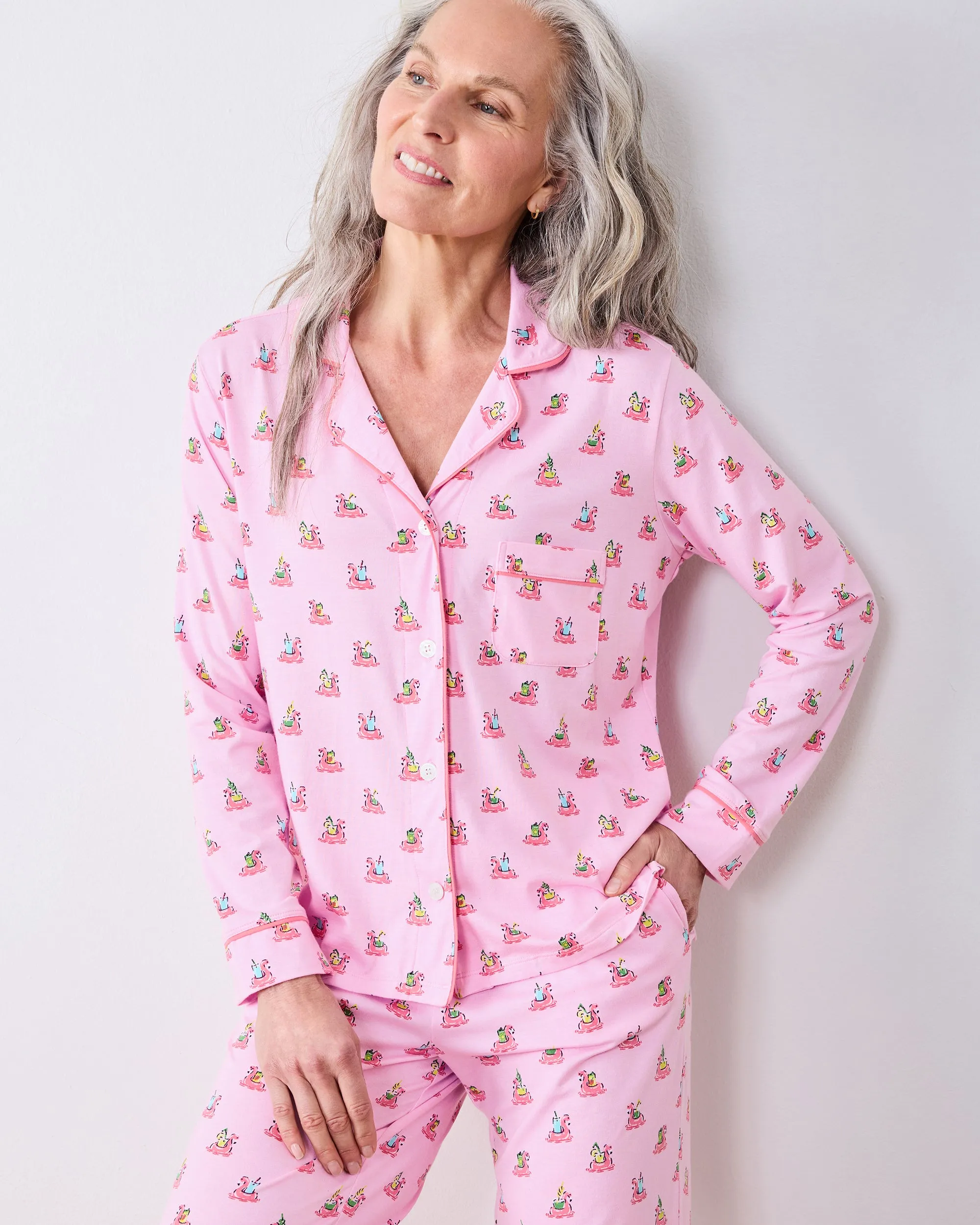 Flamingo Floaties - Organic Pima Modal Knit Long PJ Set - Pink Lemonade sold by Printfresh product image thumbnail 3