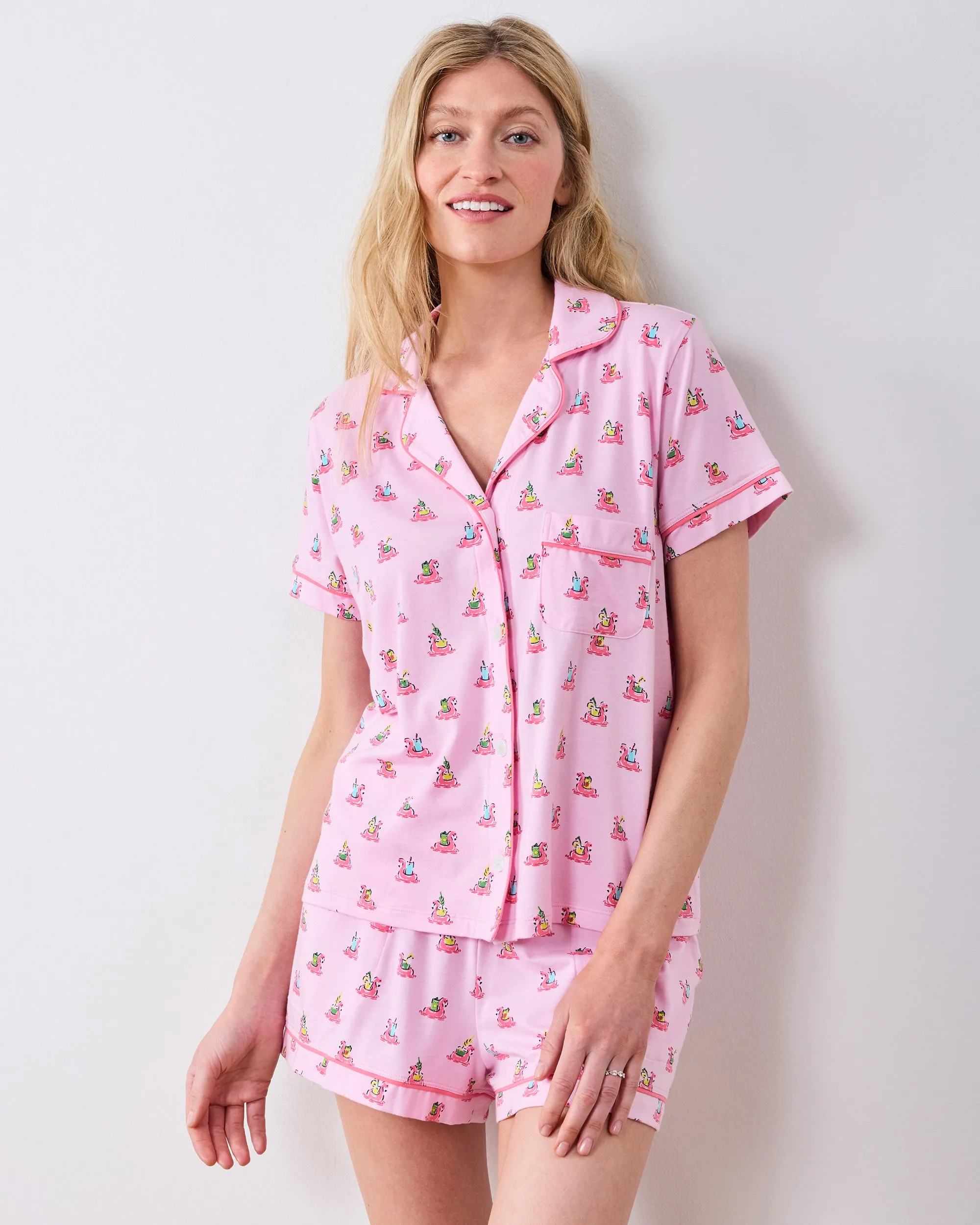 Flamingo Floaties - Organic Pima Modal Knit Short PJ Set - Pink Lemonade sold by Printfresh product image thumbnail 2