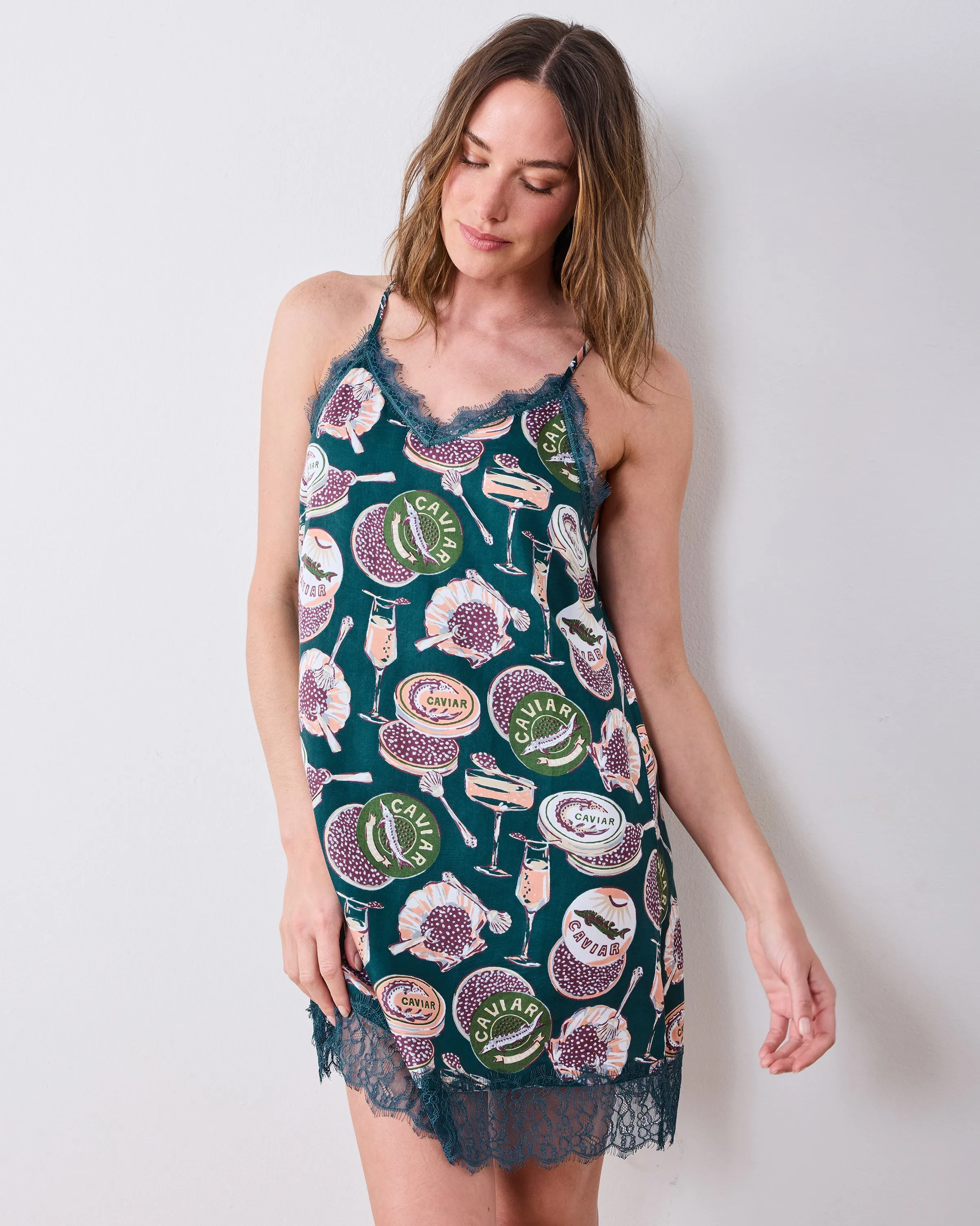 Champagne & Caviar - Eco Satin Aimee Nightie - Peacock Feather sold by Printfresh