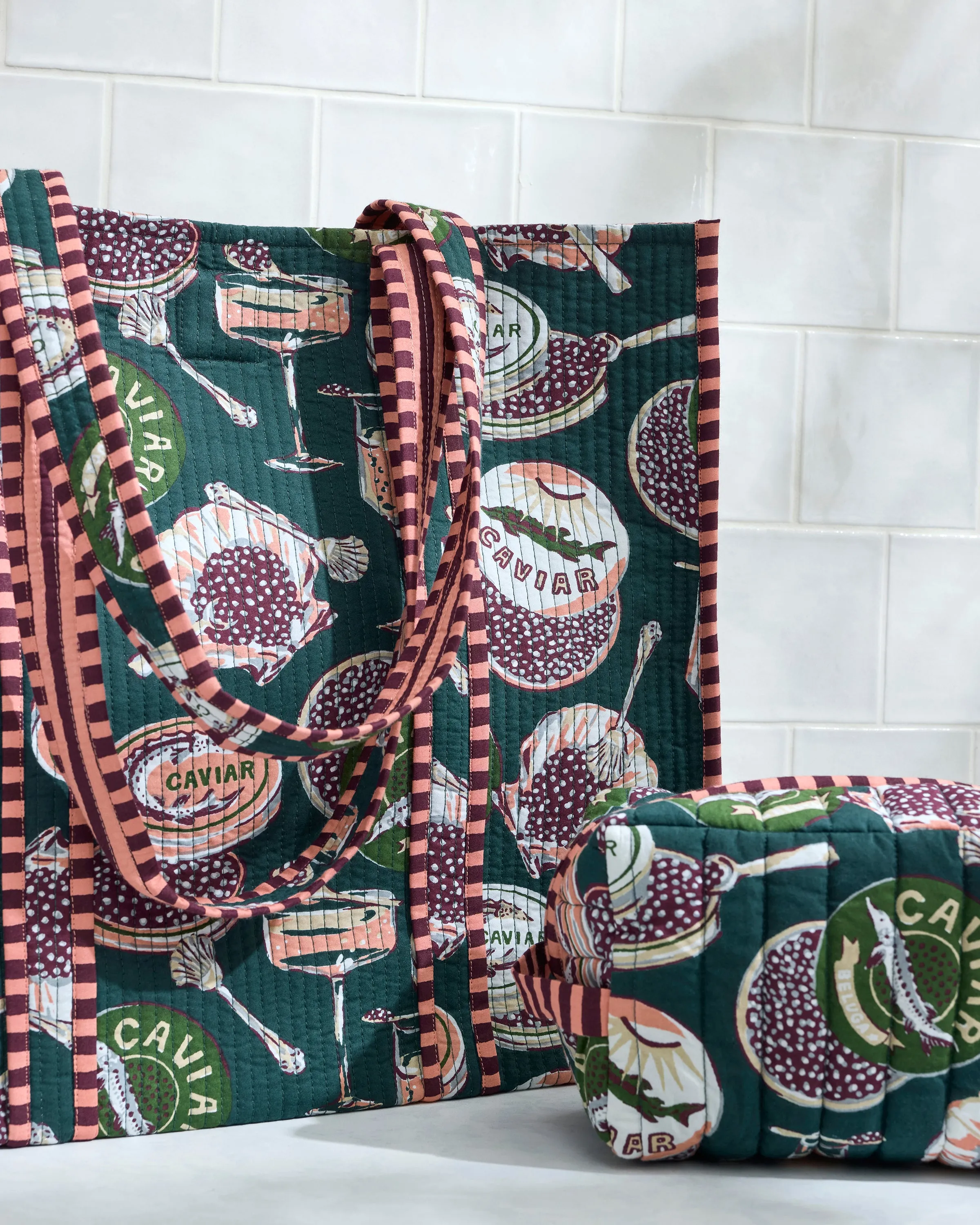 Champagne & Caviar - Traveler Tote & Quilted Pouch Bundle - Peacock Feather sold by Printfresh product image thumbnail 2
