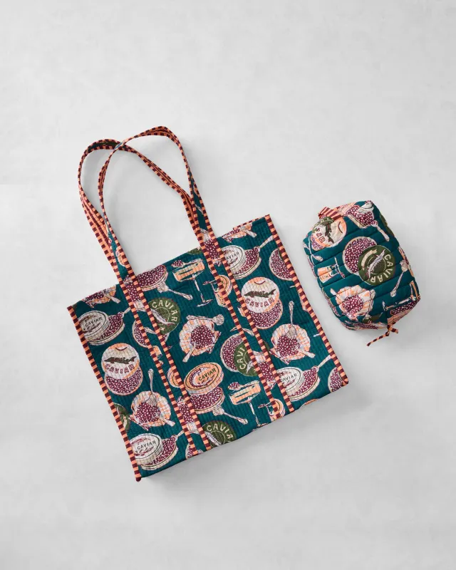 Champagne & Caviar - Traveler Tote & Quilted Pouch Bundle - Peacock Feather made by Printfresh