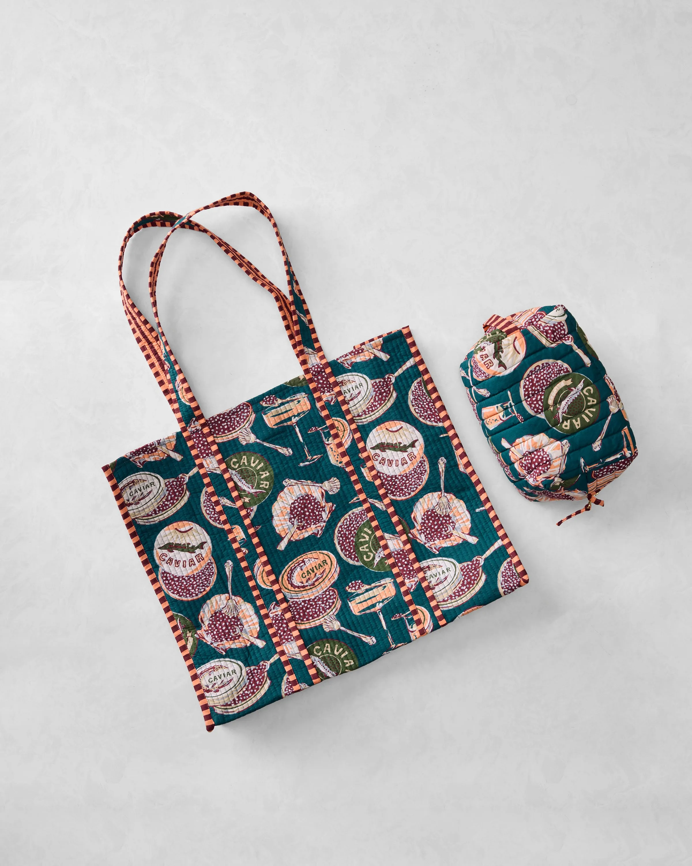 Champagne & Caviar - Traveler Tote & Quilted Pouch Bundle - Peacock Feather sold by Printfresh