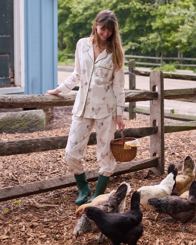 Embroidered Hens - Long PJ Set - Buff made by Printfresh