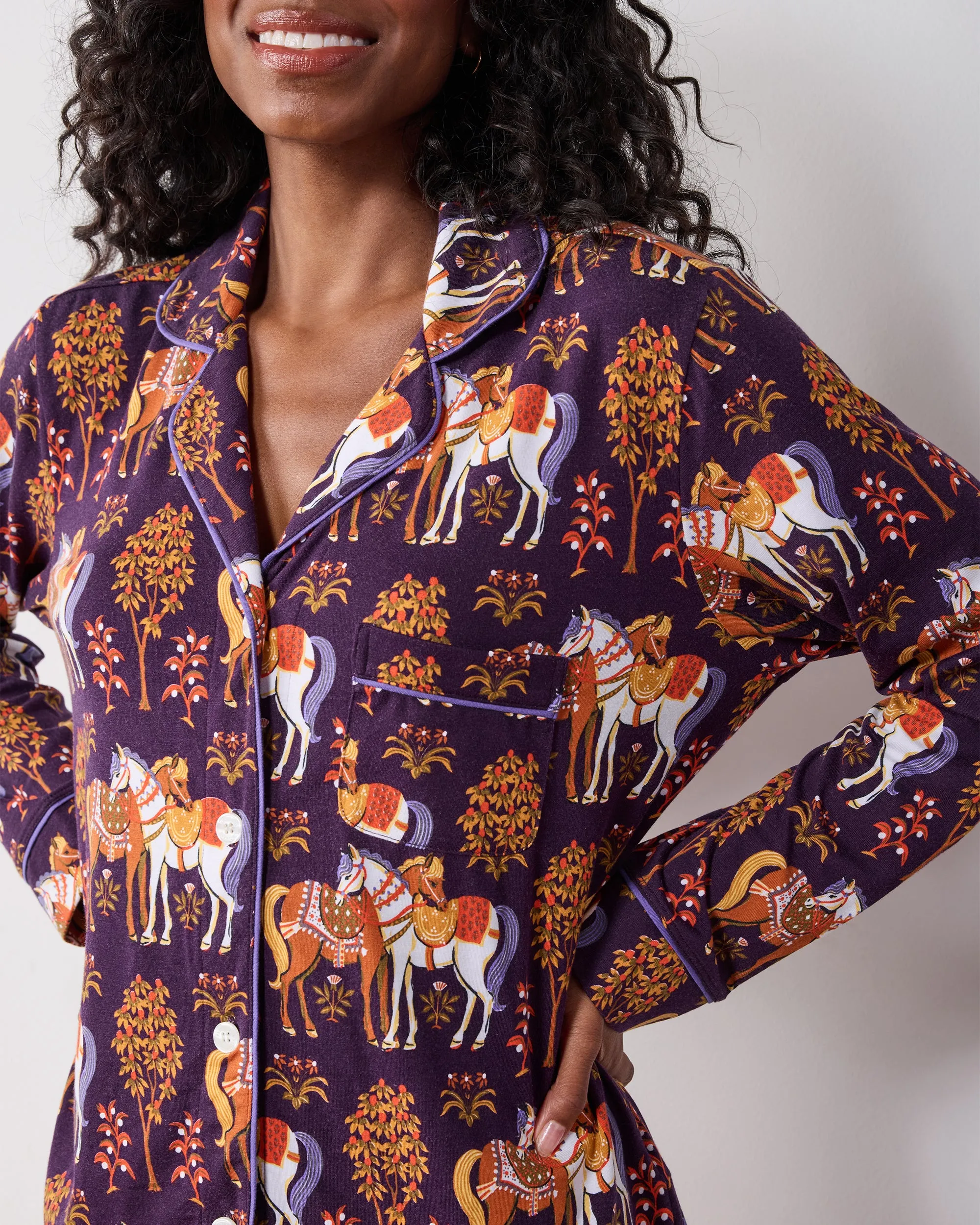 Queen’s Horses - Organic Pima Modal Knit Long PJ Set - Deep Aubergine sold by Printfresh product image thumbnail 3