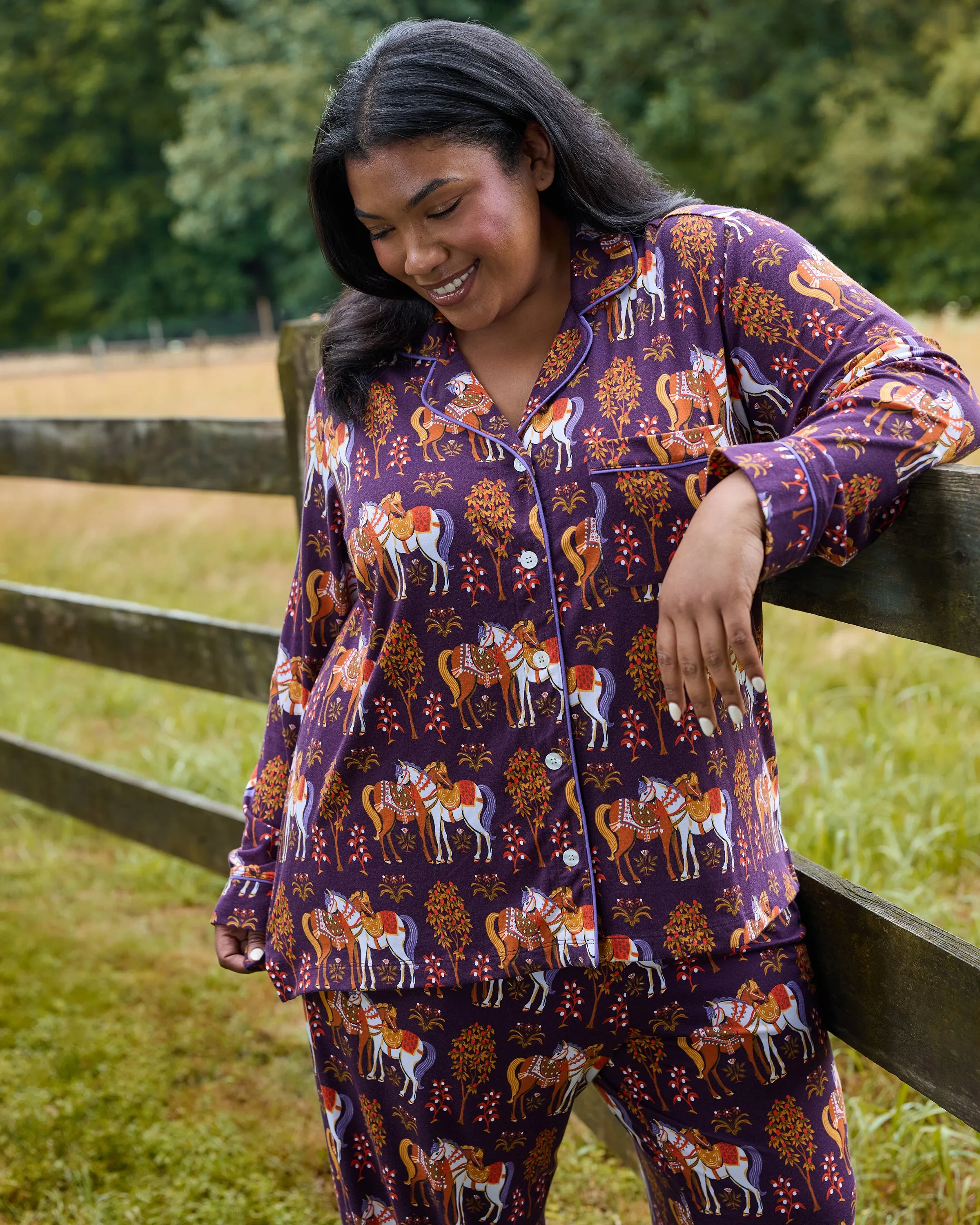 Queen’s Horses - Organic Pima Modal Knit Long PJ Set - Deep Aubergine sold by Printfresh product image thumbnail 5
