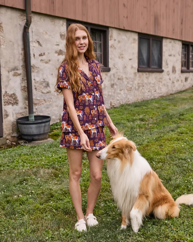 Queen’s Horses - Organic Pima Modal Knit Short PJ Set - Deep Aubergine made by Printfresh