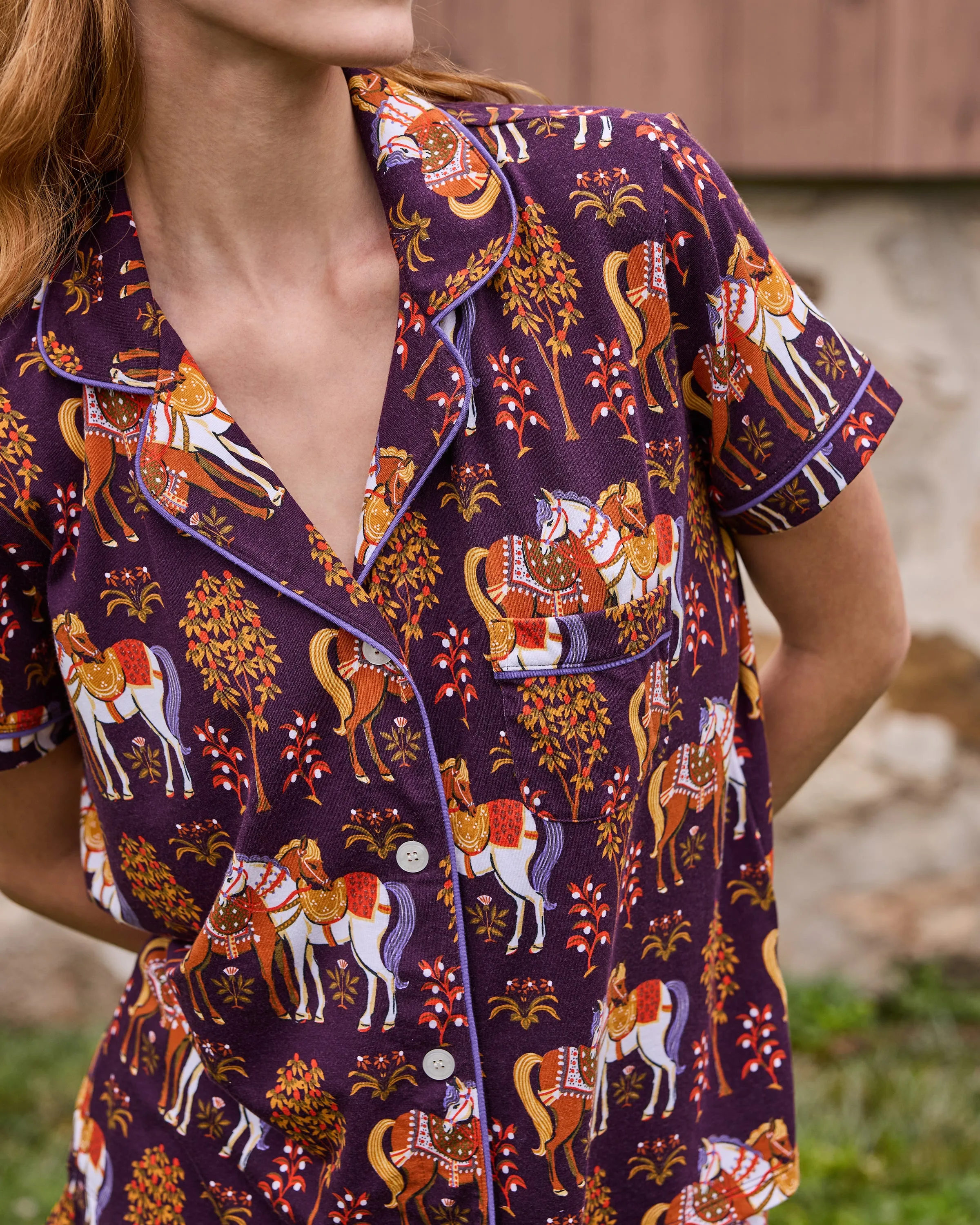 Queen’s Horses - Organic Pima Modal Knit Short PJ Set - Deep Aubergine sold by Printfresh product image thumbnail 3