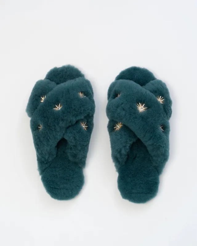 Dusty Blue - Sheepskin Slippers with Rhinestones - Pissenlit made by Pissenlit