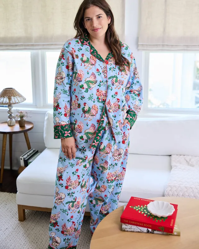 Holiday Hens - Long PJ Set - Pale Blue made by Printfresh