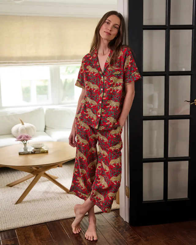 Winter Holly Bagheera - Lightweight Flannel Short Sleeve Top & Cropped Pants Set - Ruby made by Printfresh