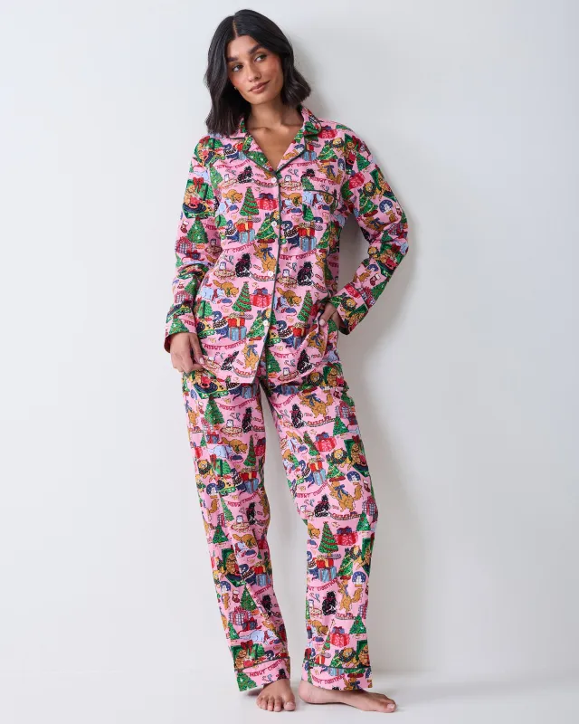 Meowy Christmas - Long PJ Set - Candy Pink made by Printfresh