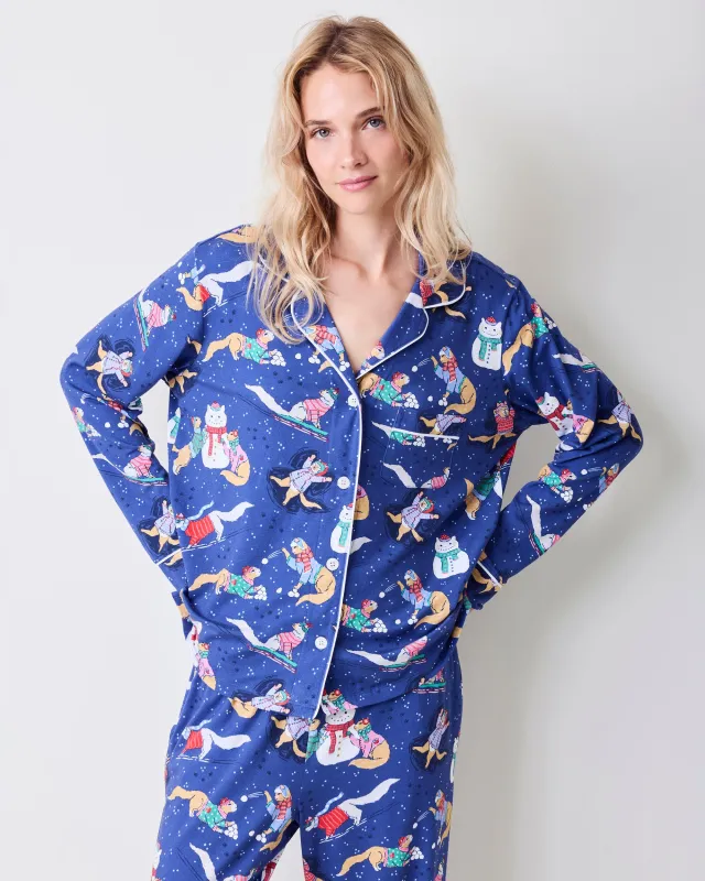 Snow Kitties - Organic Pima Modal Knit Long PJ Set - Snow Storm Blue made by Printfresh