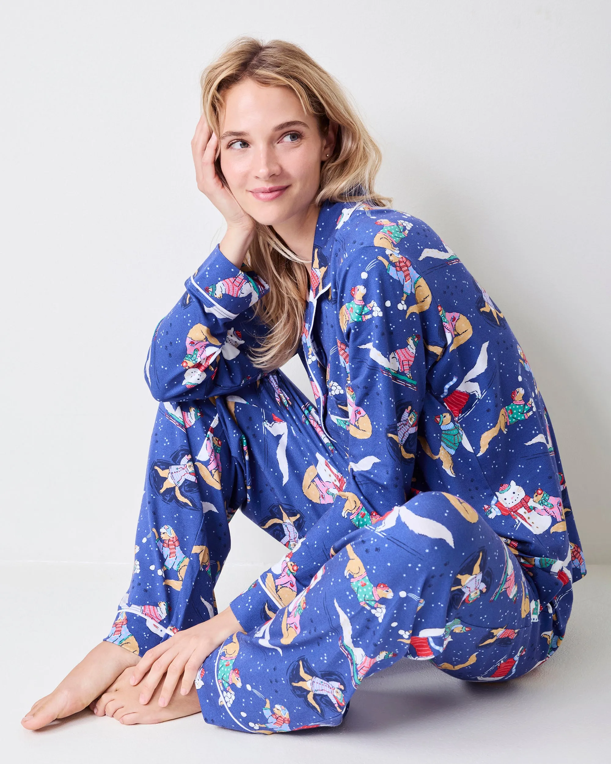 Snow Kitties - Organic Pima Modal Knit Long PJ Set - Snow Storm Blue sold by Printfresh product image thumbnail 5