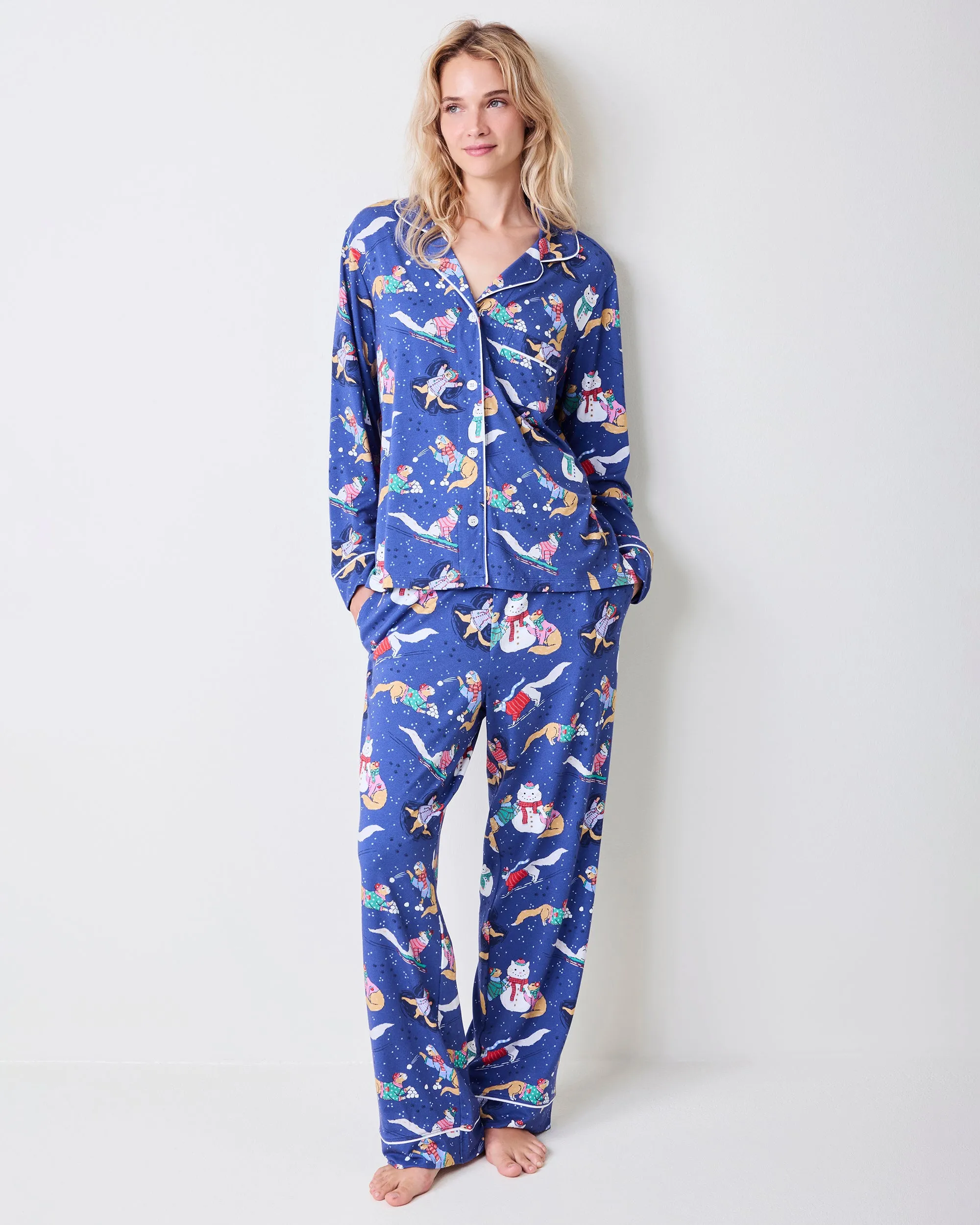 Snow Kitties - Organic Pima Modal Knit Long PJ Set - Snow Storm Blue sold by Printfresh product image thumbnail 2