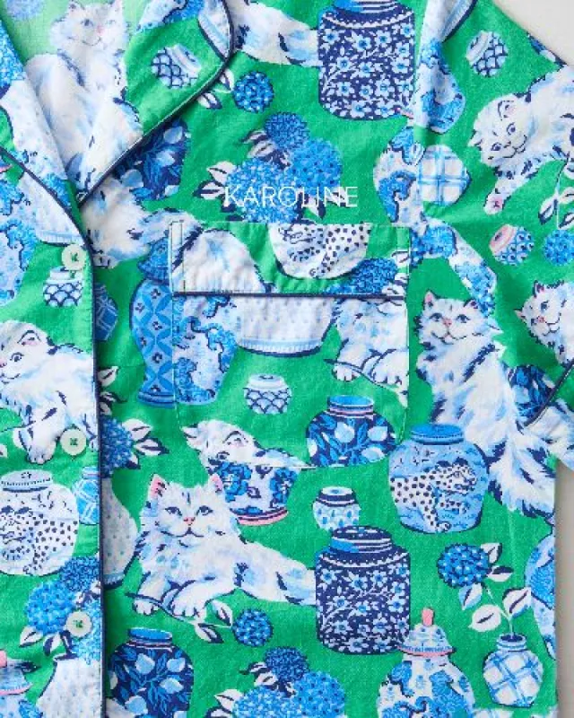 Fancy Cat - Short Sleeve Top & Cropped Pajama Pants Set - Green Juice sold by Printfresh