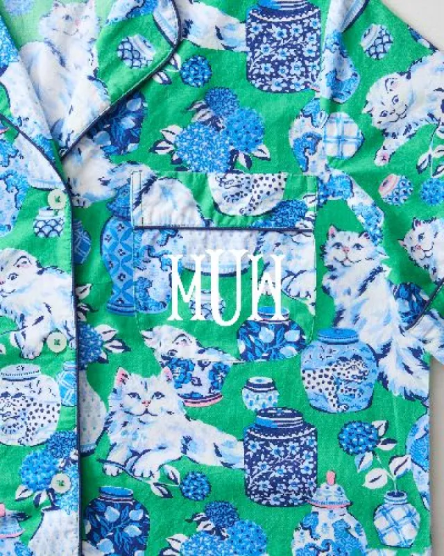 Fancy Cat - Short Sleeve Top & Cropped Pajama Pants Set - Green Juice sold by Printfresh