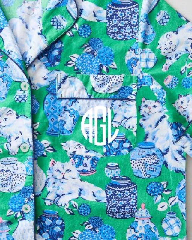 Fancy Cat - Short Sleeve Top & Cropped Pajama Pants Set - Green Juice sold by Printfresh