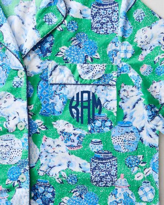 Fancy Cat - Short Sleeve Top & Cropped Pajama Pants Set - Green Juice sold by Printfresh