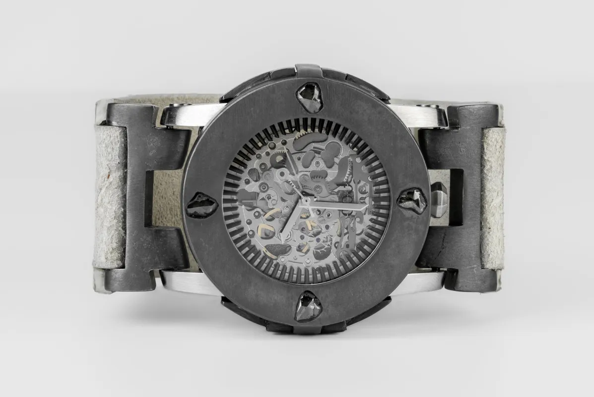 P4—FOB Watch #8323 (Case [0.8 CT, 4 Diamond Slabs], Straight Strap [Studs], Silver Skeleton, KA+DIA-KA-FLE) sold by Parts of Four