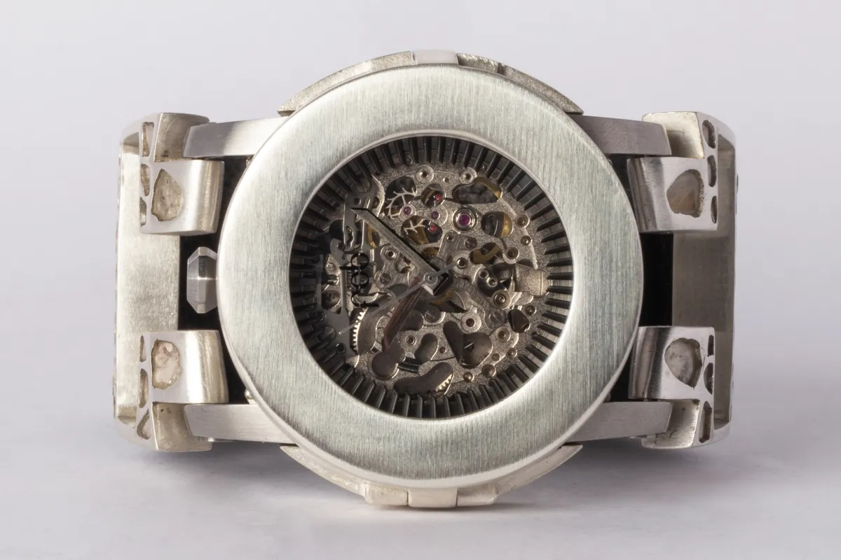 P4—FOB Watch #5478 (Case, Hyperstrap-T [Mega Pavé, Studs], Silver Skeleton, MA-MA+DIA-NG) sold by Parts of Four