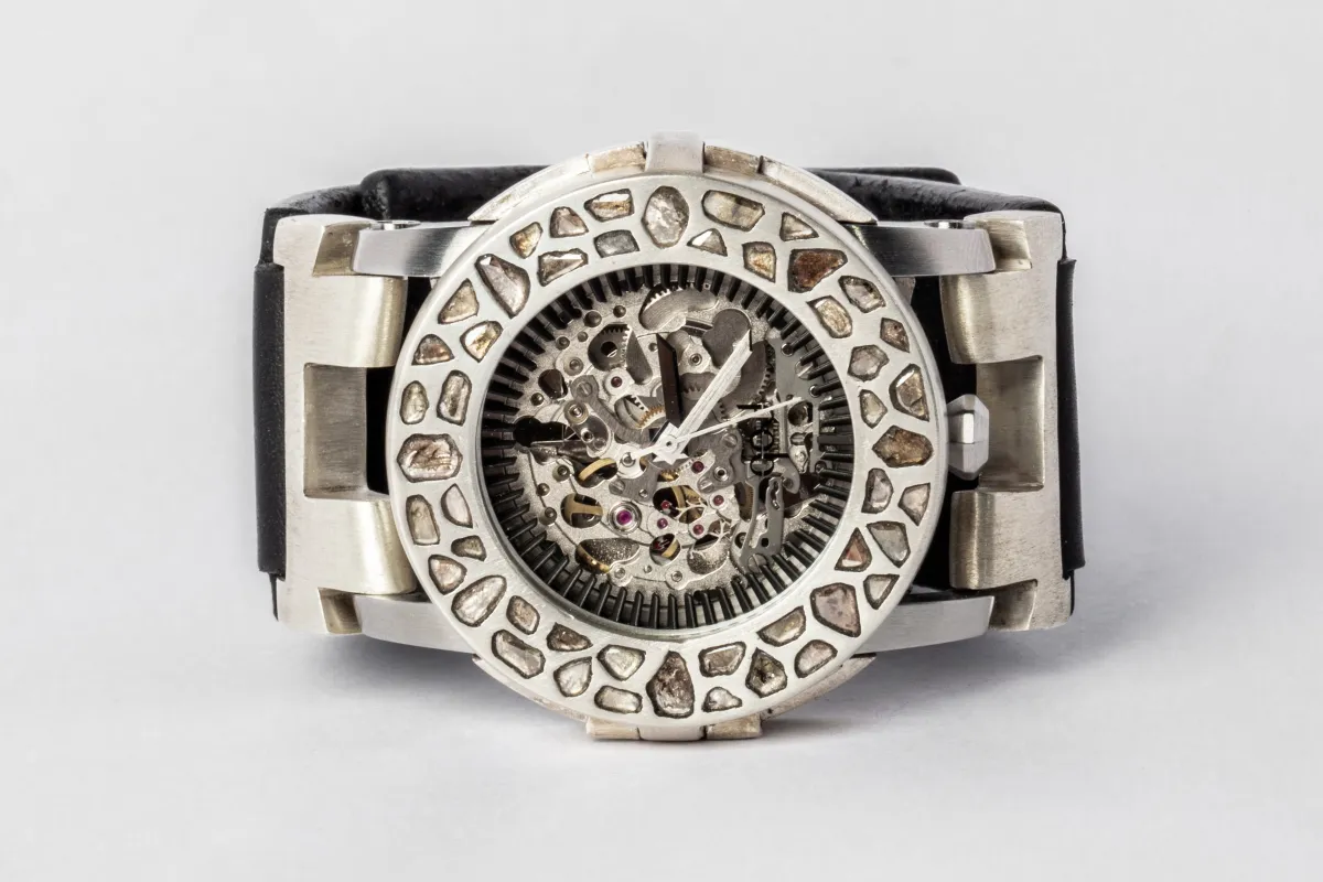 P4—FOB Watch #570 (Case [Mega Pavé], Straight Strap [Studs], Silver Skeleton, MA+DIA-MA-NG) sold by Parts of Four