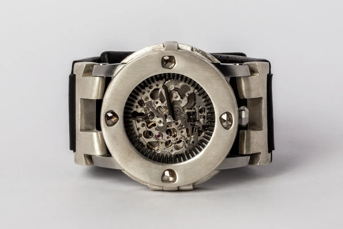 P4—FOB Watch #258 (Case [0.8 CT, 4 Diamond Slabs], Straight Strap [Studs], Silver Skeleton, MA+DIA-MA-NG) sold by Parts of Four