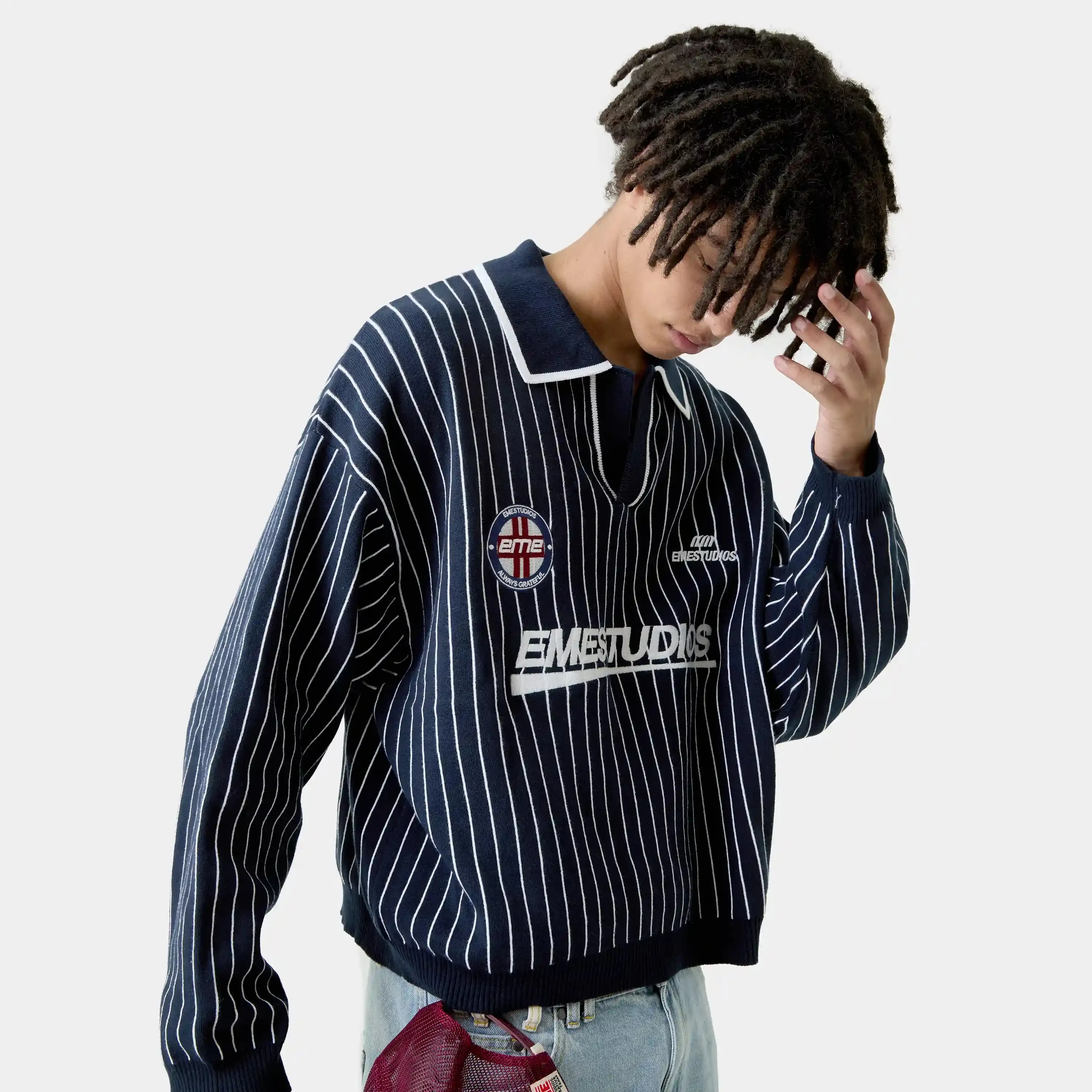 Pinstripe Navy Knit Polo sold by EME STUDIOS product image thumbnail 3