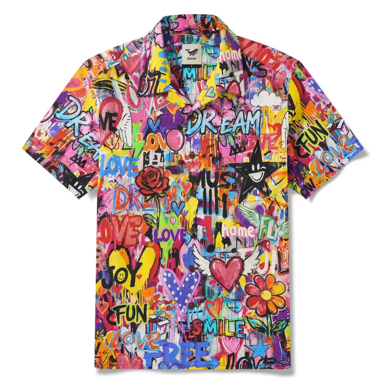 Men's Hawaiian Shirt Short Sleeve Camp Collar 100% Cotton Aloha Artistic Love Graffiti Fun sold by Yiume